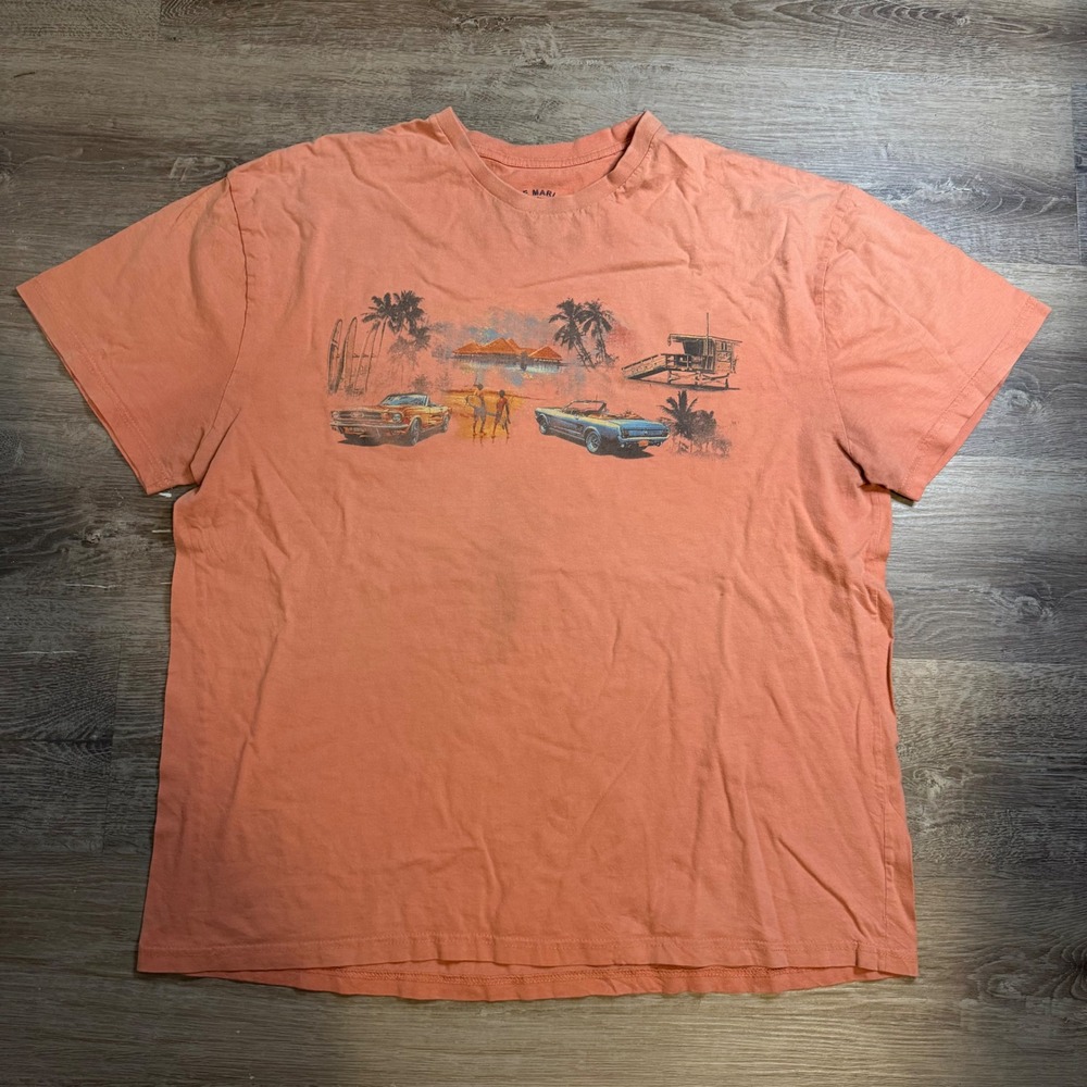 Joe Marlin Mens XXL Coral Orange Beach Graphic Shirt Classic Cars Surf Tropical